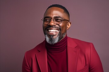 Canvas Print - Portrait of a smiling african american man in red coat and glasses