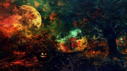 Wall Mural - Enchanting Halloween Night: Surreal Scene with Vibrant Colors and Mysterious Rim Light from a Low Angle