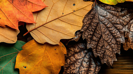 Wall Mural - autumn leaves on wooden background created with Generative AI technology