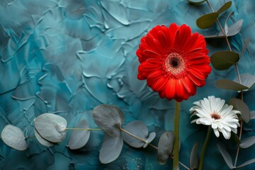 Wall Mural - Vibrant Red and White Gerbera Daisies with Eucalyptus Leaves against Textured Blue Background