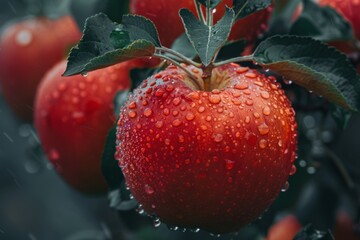 Wall Mural - Close-up of Red Apples with Dew Drops