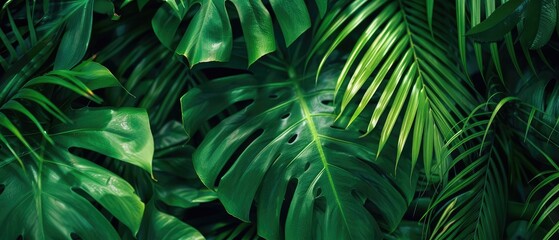 Wall Mural - backdrop of nature featuring a green background with a nature view of dark green leaf and palms perfect for tropical and green leaf of nature concept designs