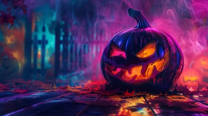 Wall Mural - Enchanting Trick or Treat Night â€“ Digital Art with Glowing Lights and Vibrant Colors at Eye Level