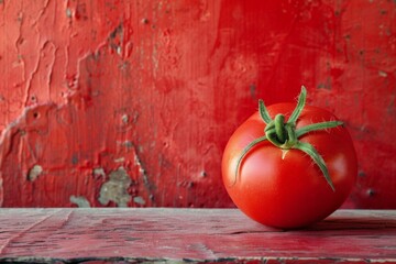 Canvas Print - Single Fresh Tomato on Rustic Red Background