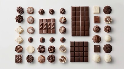 Poster - Variety of chocolate on white background in flat lay style