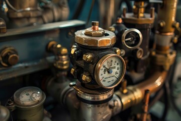 Closeup of an old pressure gauge with rusty details on mechanical piping