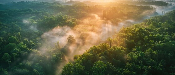 Wall Mural - dramatic aerial photograph of the jungle at sunrise creates a stunning natural background perfect for tropical and nature-inspired designs