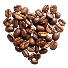 Coffee beans in a heart shape isolated on transparent or white background