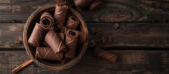Fototapete - Top view of a delectable bowl of chocolate wafer rolls on a rustic wooden surface with ample copy space for text ideal for food lovers