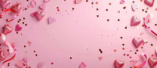 Poster - Valentine s Day themed pink background with confetti hearts top view and copy space image