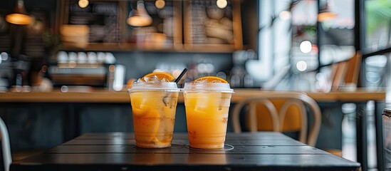 Aufkleber - Two refreshing iced yuzu orange coffee specials beautifully presented on a black table in a cafe setting perfect for a copy space image