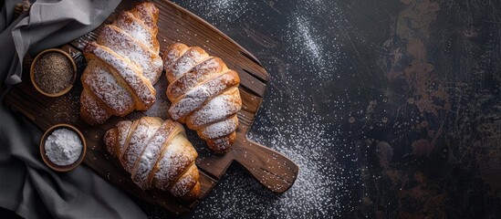Aufkleber - Top view of fresh homemade croissants on a wooden cutting board with powdered sugar against a rustic dark background offering copy space image
