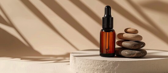 Aufkleber - Close up shot of a bottle of facial serum and spa stones displayed on a beige backdrop with room for text in the image. with copy space image. Place for adding text or design