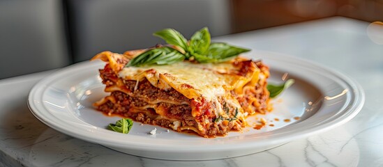 Fototapete - Delicious homemade Italian lasagna with bolognese meat sauce basil and cheese on a white plate featuring a hot and appetizing look perfect for a copy space image