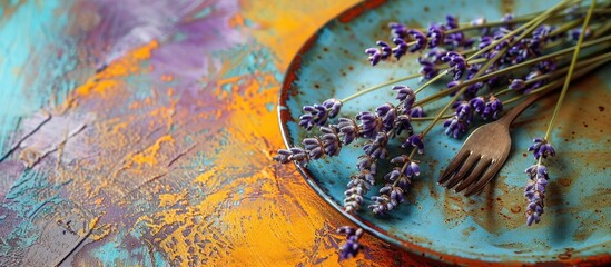 Poster - Closeup shot of cutlery plate and dried lavender flowers on a colorful textured table with copy space image available