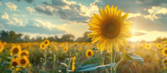 Poster - Summer day with a stunning blooming sunflower in a field provides ideal copy space image