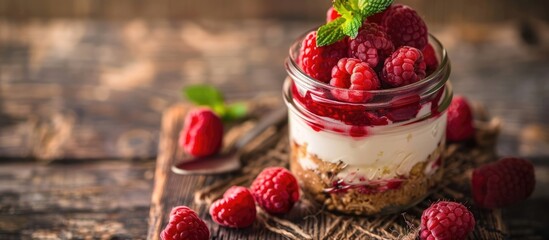 Leinwandbilder - Homemade summer berry dessert featuring raspberry cheesecake in a glass jar garnished with fresh raspberries and cream cheese on a wooden backdrop perfect for copy space image