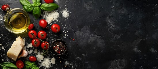 Poster - Top view of a dark table with ingredients like parmesan cheese basil leaves cherry tomatoes and olive oil creating a cooking themed copy space image