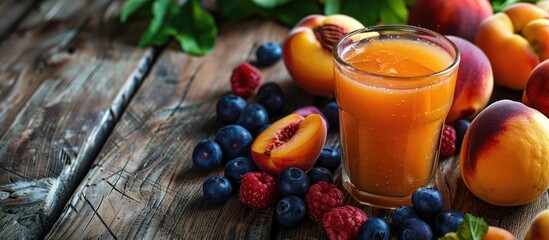 Poster - Wooden table showcasing a glass of peach juice and assorted fresh fruits offering plenty of room for including text in the copy space image