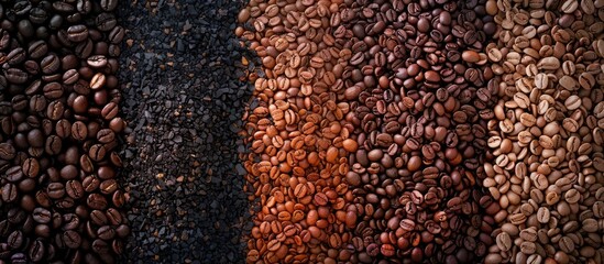 Poster - Prepare to roast high quality coffee beans dried with solar energy in shades of dark and light brown Ideal for a backdrop or background in a copy space image
