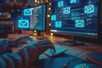 Wall Mural - person typing on computer with email icons