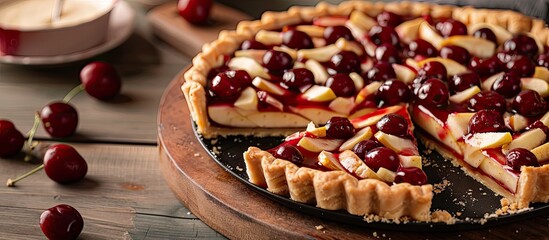 Leinwandbilder - Close up image showing a sliced pie with a delicious cherry apple filling featuring an attractive presentation with an inviting appearance and copy space image