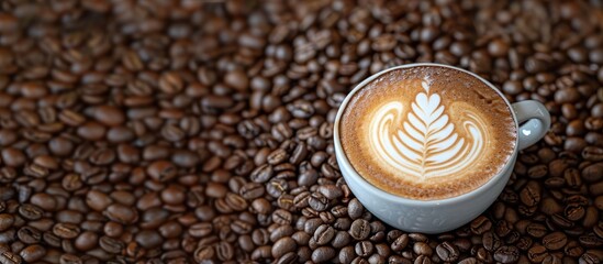 Fototapete - Latte art cup displayed on a coffee bean backdrop with copy space image