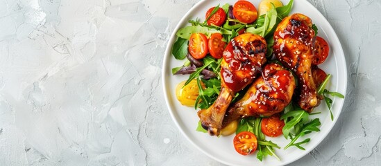 Wall Mural - Top view of a delicious snack featuring grilled chicken legs in barbecue sauce roasted vegetables and mixed vegetable salad on a white plate set on a light stone table Ample copy space for images