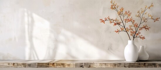 Poster - White vase with an autumn bouquet placed on a wooden shelf in a white interior all against a backdrop that features copy space image