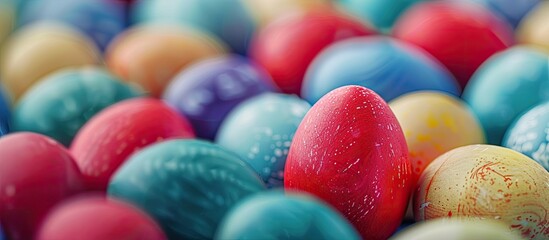 Poster - Group of assorted colored Easter eggs with a prominent red egg in the foreground providing copy space image