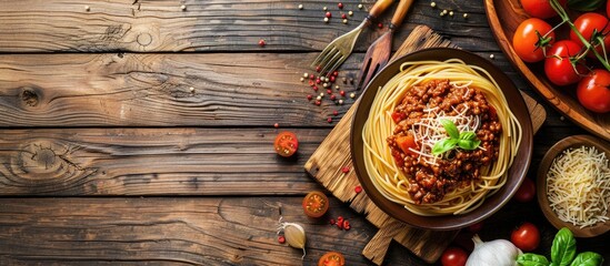 Poster - Homemade healthy Italian spaghetti Bolognese on rustic wooden surface with vegetables and minced meat captured in a top down flat lay copy space image