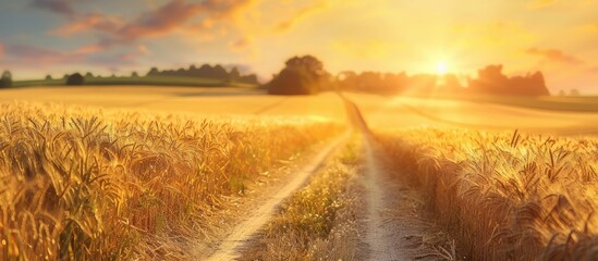 Poster - Sunrise on a rural dirt road lined with golden wheat fields Focus on ripe crops with space for text Great for agribusiness themed copy space image
