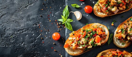 Fototapete - Delicious garlic toasts featuring homemade appetizers shown in the copy space image