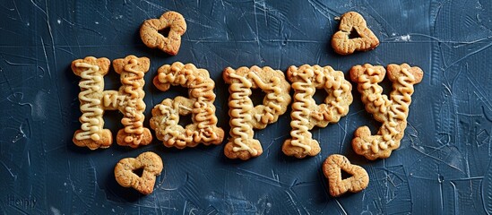 Poster - Alphabet shaped homemade cookies arranged to spell Happy on a dark white background expressing the joyous concept of the image with copy space
