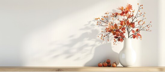 Poster - White vase with an autumn bouquet placed on a wooden shelf in a white interior all against a backdrop that features copy space image