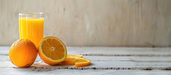 Poster - On a vintage white wooden table there are a glass of orange juice next to a ripe orange cut into slices with space for text or other images. with copy space image. Place for adding text or design