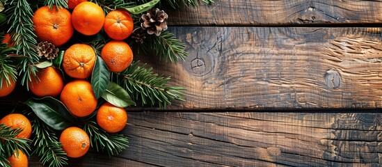 Poster - Tasty festive tangerines on a tree branch on a wooden background ideal for a copy space image