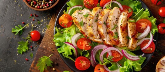 Aufkleber - Fresh chicken breast salad with a mix of tomatoes onions and lettuce served on a table with a food background ideal as a copy space image