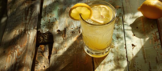 Aufkleber - A wooden table with a fresh slice of lemon garnishing a glass of lemonade provides a rustic copy space image