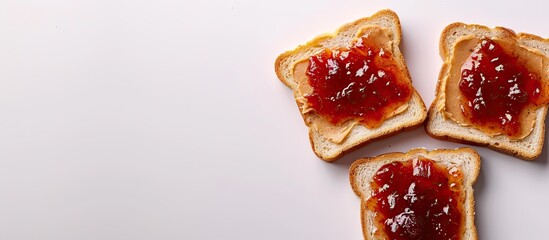 Aufkleber - Top view of peanut butter and jelly on white bread toasts against a white background with copy space image