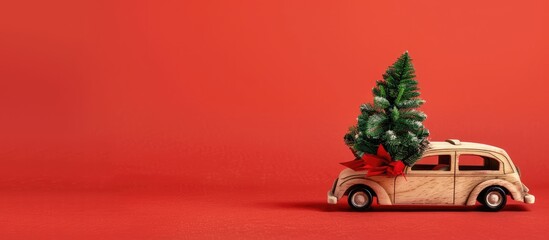 Poster - A small toy car made of wood transporting a holiday tree on a vibrant red backdrop with ample copy space image for text