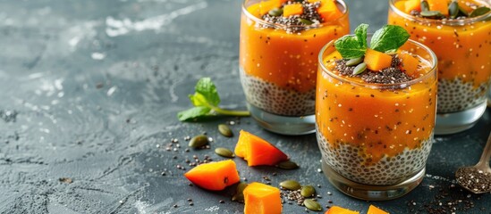 Aufkleber - Vegan chia pudding with persimmon and pumpkin seeds in glasses set against a gray backdrop illustrating a healthy vegan food concept with copy space image