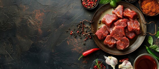 Fototapete - Table setting featuring raw pork or beef meat on a plate with marinade paprika and spices ideal for a healthy food menu concept background Top view with room for text in the copy space image