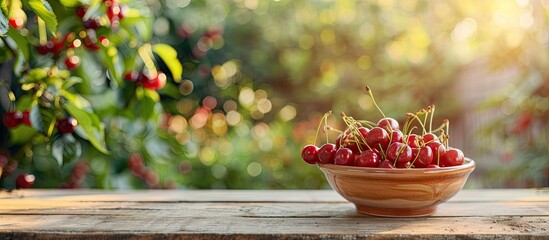 Fototapete - Close up copy space image of ripe cherries in a ceramic bowl on a wooden table with a garden backdrop perfect for adding text