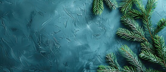 Poster - Christmas themed background with green fir branches on a textured blue surface ideal for adding text copy space image