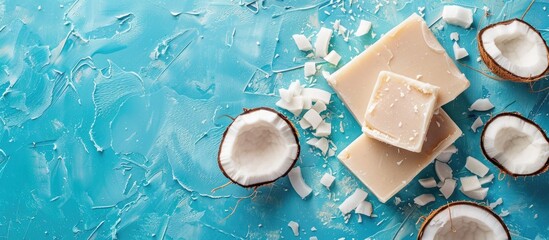 Aufkleber - A top view image features handmade coconut soap and fresh coconut on a vibrant blue backdrop with room for additional elements