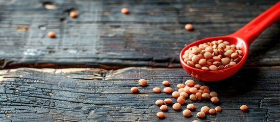 Poster - Lentils in a red spoon on a wooden surface with copy space image