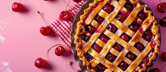 Aufkleber - Close up of delicious cherry pie on a colorful background with space for text in the image. with copy space image. Place for adding text or design