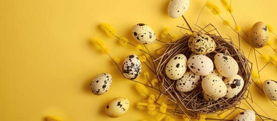 Aufkleber - Quail eggs arranged in an egg shape on a yellow background with golden branches creating a rustic organic look in a top view copy space image