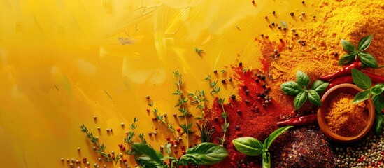Leinwandbilder - Fresh spices and herbs arranged artistically on a colorful background with copy space image